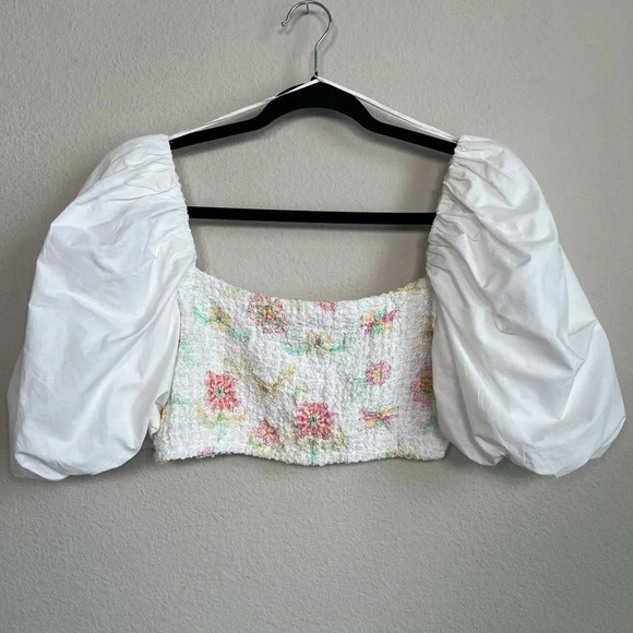 Zara White Floral Poplin Crop Top Medium Puff Sleeve Smocked - Picture 1 of 7